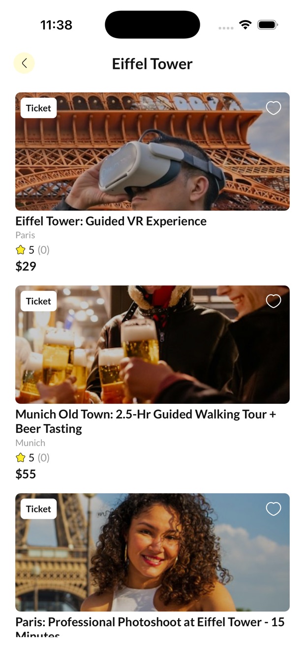A list of bookable tickets for the Eiffel Tower