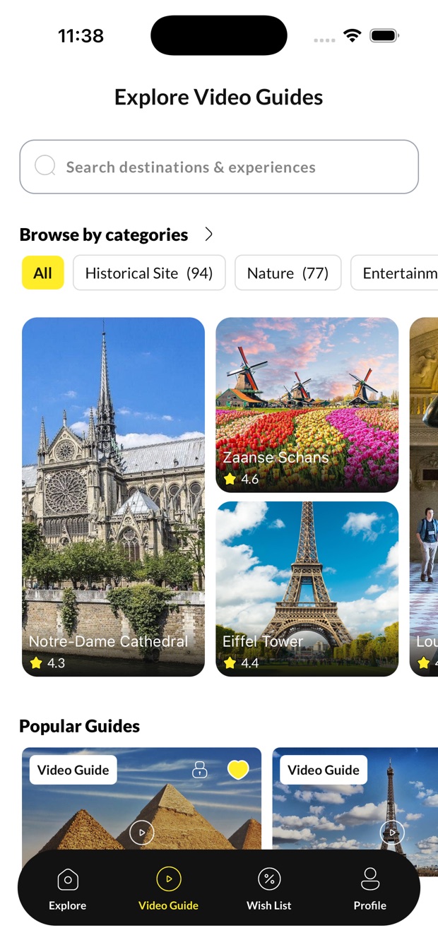 Browsing video guides filtered by category, with a grid of rated attractions