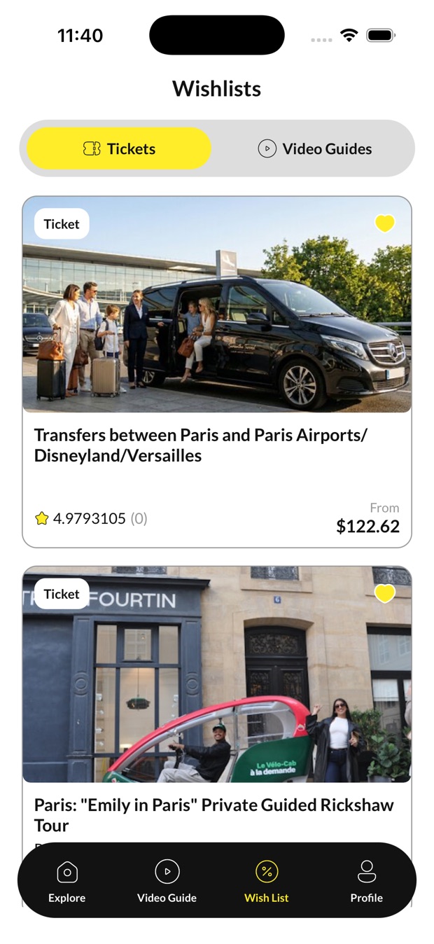 The wishlist screen with separate tabs for saved tickets and video guides